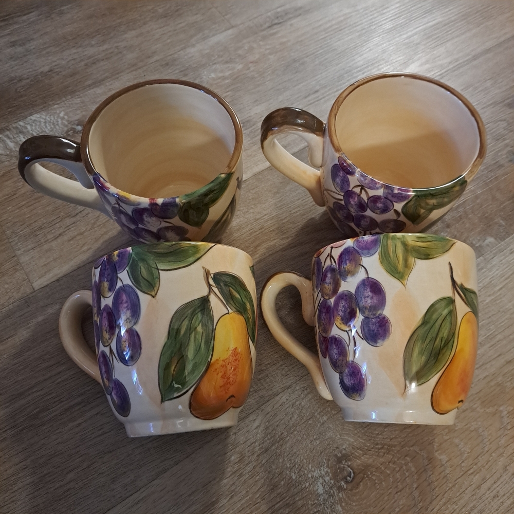 Tabletops Lifestyles Harlequin Fruit Hand-Painted Designed Ceramic Mug Lot of 4